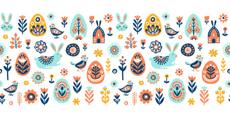 Simple Easter Scandinavian seamless pattern with bunny, eggs and flowersのイラスト素材