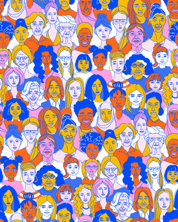 Celebrating Women: Diverse Portrait seamless pattern background International Women's Day Young, middle age, senior, adult women Diversity multiethnic group. Hand drawn line doodle vector illustrationのイラスト素材