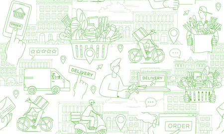 Mobile app to order grocery. Courier delivering. Seamless line patternのイラスト素材