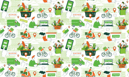 Mobile app to order grocery. Courier delivering. Seamless line patternのイラスト素材