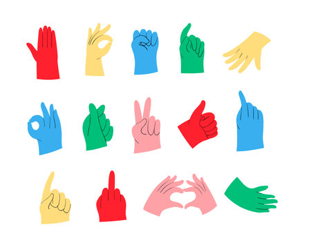 Colorful Hand Gestures Icons Set , Peace, Thumbs Up, and Okayのイラスト素材