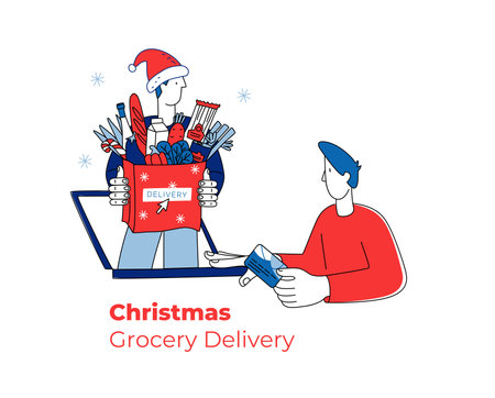 Festive vector illustration Christmas grocery delivery via laptop.のイラスト素材