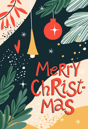 Merry Christmas Greeting Card with Festive Ornaments and Greenery. Abstract Christmas Illustration with Holiday Decorations and Typography. Modern Artwork. Flat vector illustrationのイラスト素材
