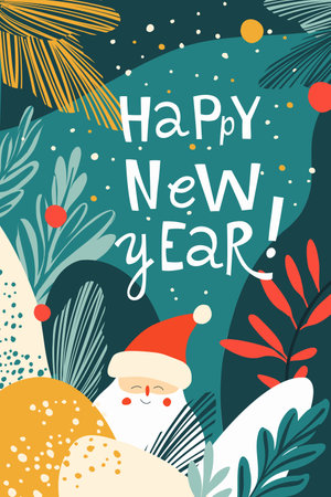 Happy New Year Illustration with Santa and Festive Foliage. Colorful Abstract Greeting Card with Santa Claus. Modern Artwork with Happy Santa and Holiday Decorations. Flat vector illustrationのイラスト素材