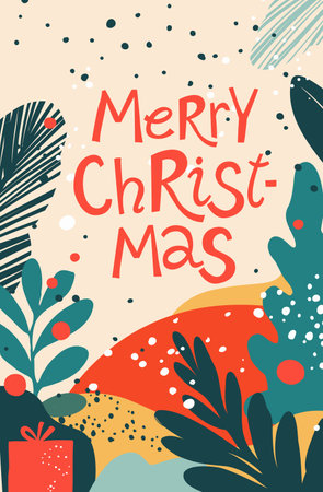 Merry Christmas Festive Abstract Background with Holiday Foliage. Colorful Greeting Card with Leaves and Gift Box. Modern New Year Celebration Illustration Flat vector retro style Designのイラスト素材