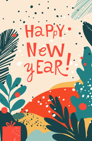 Happy New Year Festive Abstract Background with Holiday Foliage. Colorful Greeting Card with Leaves and Gift Box. Modern New Year Celebration Illustration Flat vector retro style Designのイラスト素材