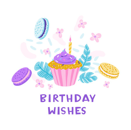 Happy Birthday Card with Cupcake, Macarons, and Flowersのイラスト素材
