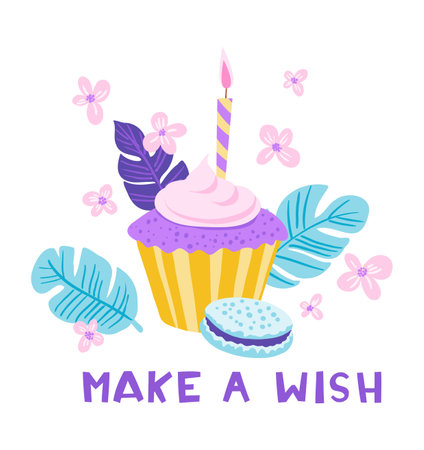 Happy Birthday Card with Cupcake, Macarons, and Flowersのイラスト素材