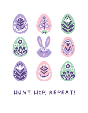 Scandinavian Easter Illustration with Decorative Eggs and Bunny.のイラスト素材