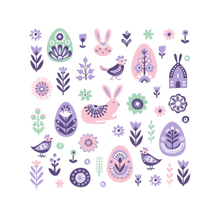 Scandinavian Easter Pattern with Bunnies, Eggs, Flowers, and Birdsのイラスト素材
