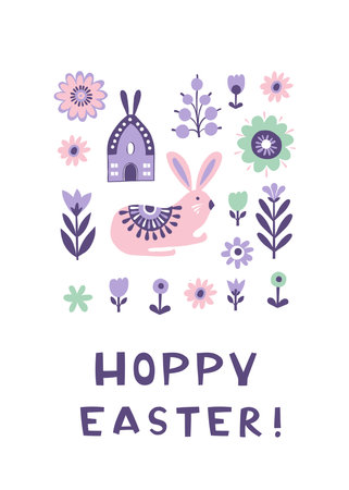 Scandinavian Easter Illustration with Decorative Flowers and Bunnyのイラスト素材