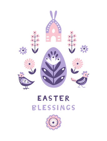 Scandinavian Easter Illustration with Decorative Flowers and Bunnyのイラスト素材