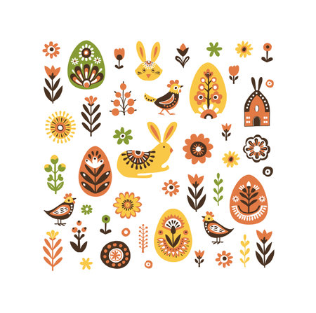 Scandinavian Easter Pattern with Bunnies, Eggs, Flowers, and Birdsのイラスト素材