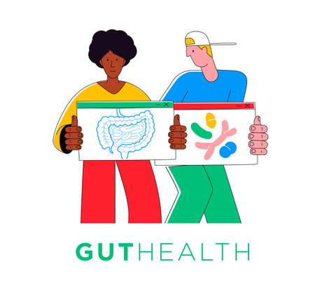 Two students holding digital browser windows human digestive tract and gut microbiome bacteriaのイラスト素材