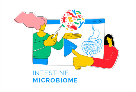 Woman learns online at webinar about gut microbiome. Video in browser with Play button.のイラスト素材