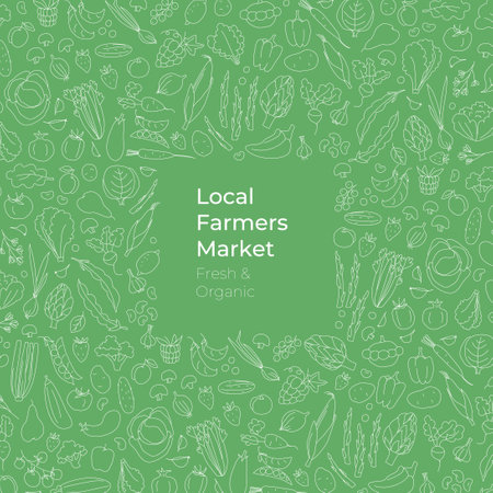 Hand-drawn doodle style vector illustration of fresh farm vegetables and fruits forming a frameのイラスト素材