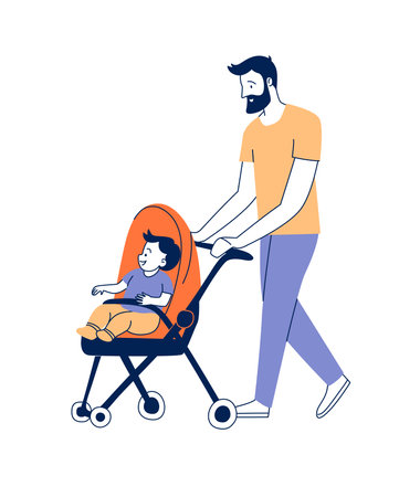 Father Walking with Toddler in Stroller Flat Vector Illustrationのイラスト素材