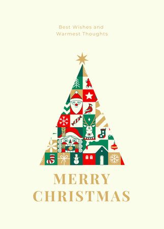 Merry Christmas Tree Greeting Card with Santa, Nutcracker, and Ornaments, Festive Vector Illustrationのイラスト素材