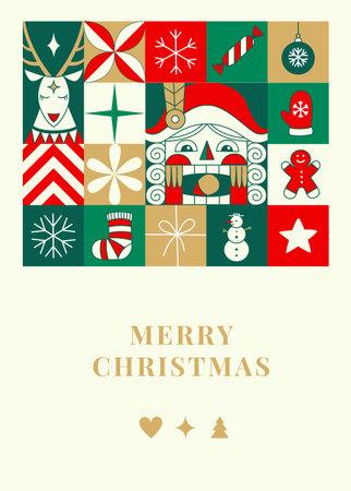Merry Christmas Greeting Card with Nutcracker, Santa, and Reindeer, Festive Vector Illustrationのイラスト素材