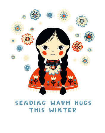 Hygge Winter Vibes, Scandinavian Style Holiday Card with Cute Girlのイラスト素材