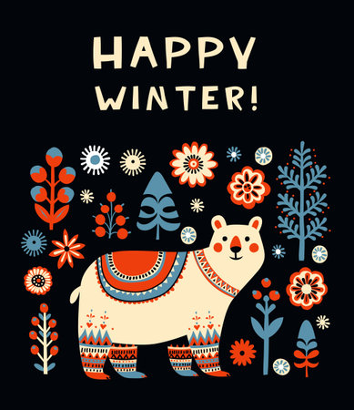 Scandinavian Folk Art Polar Bear, Happy Winter Greeting Card in Nordic Styleのイラスト素材