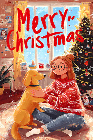 Girl Hugging Dog by Decorated Christmas Tree, Cozy Holiday Illustrationの素材