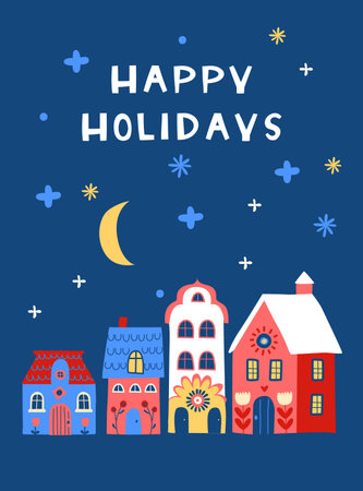 Scandi Christmas Village at Night, Cozy Happy Holidays Illustrationのイラスト素材