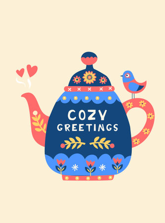 Cozy Folk Art Teapot with Bird, Scandinavian Winter Greeting Card Illustrationのイラスト素材