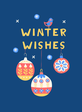 Winter Wishes Folk Art Card, Scandinavian Winter Illustration with Ornaments and Birdのイラスト素材