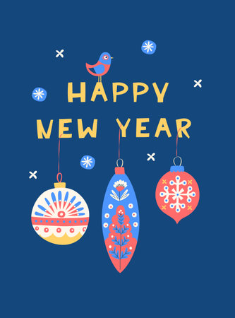 Happy New Year Folk Art Card, Scandinavian Winter Illustration with Ornaments and Birdのイラスト素材
