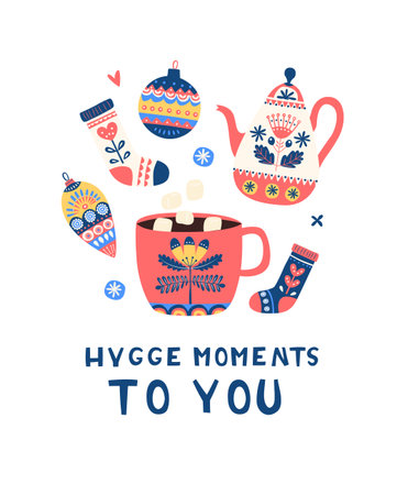Warm Winter Hygge Set with Teapot, Mug, Mittens and Ornaments, Cozy Holiday Illustrationのイラスト素材