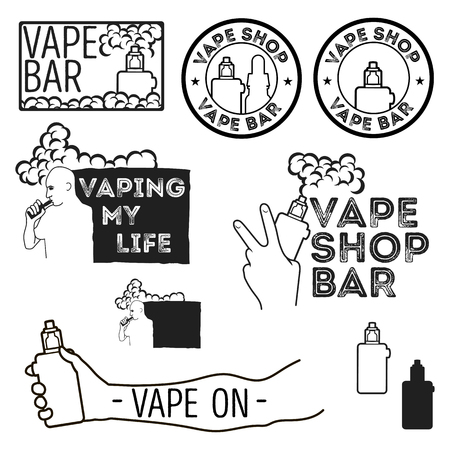 Set of vintage logos of electronic cigarettes, e-cigarette emblem for shops, bars. The man with the electronic cigarette. Electronic cigarette in hand.のイラスト素材