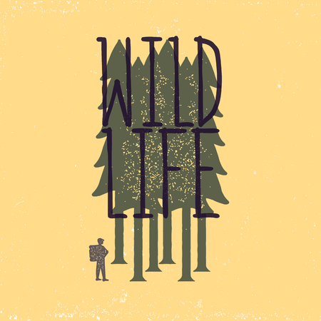 Vintage emblem of tourist-traveler in forest on yellow background and the inscription "wild life". Grunge badge, typogrphic symbol suitable for T-shirts or print. Isolated vector illustrationのイラスト素材