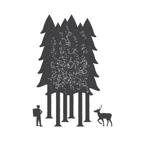 Forest wanderer and deer. Vector illustration with traveler and deer in forest in polychrome color on isolated white backgroundのイラスト素材
