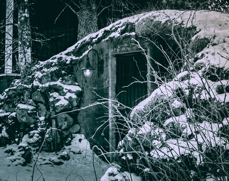 Entrance to the cellar topped with cobblestones, winterの写真素材