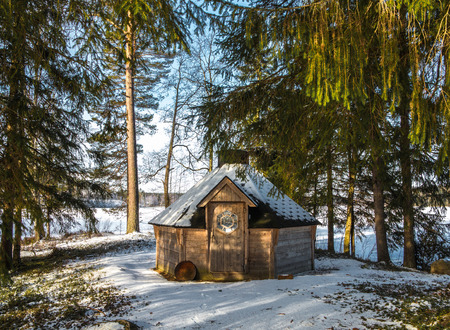 Grill house in the woods, on the shores of Lake Forestのeditorial素材