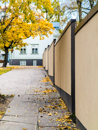 Autumn. Footpath covered with fallen leaves walking along the fence.の写真素材