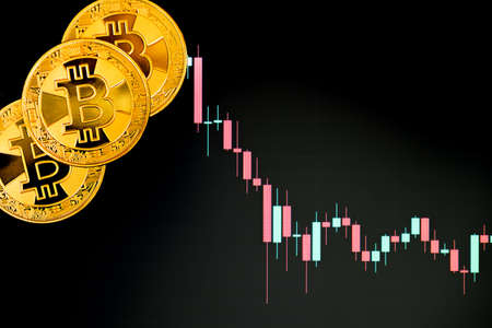 Gold coins of bitcoin in the background of a price chart that shows the price movement. Cryptocurrency. Financial growth concept.の写真素材