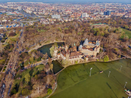 Evening view from above on the Vajdahunyad castle and city park in Budapest. Hungary.