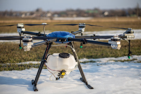 A beautiful blue agrodron stands on the field. Wheat grows. The snow has not melted yet. Agrodrons are ready to spray fertilizer.の写真素材