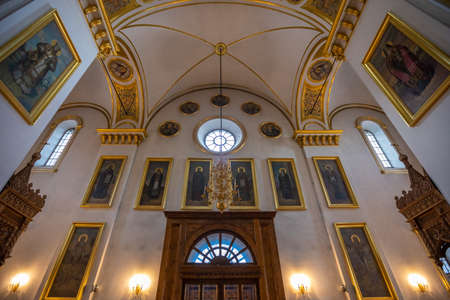 Svyatogorsk, Donetsk region Ukraine - January.24.2021. Inside the Orthodox Cathedral of the Svyatogorsk Lavra. Assumption Cathedral of the Lavra. A beautiful church. Lots of icons.のeditorial素材