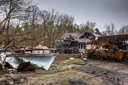 Irpin, Kyev region Ukraine - 04/09/2022: Cities of Ukraine after the Russian occupation. Destroyed...