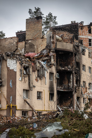 Irpin, Kyev region Ukraine - 04/09/2022: Cities of Ukraine after the Russian occupation. Destroyed buildings on the streets of Irpen. Broken, shelled windows. Buildings after being hit by missiles.のeditorial素材
