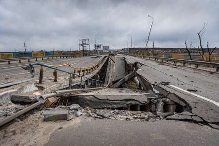 Hostomel, Kyev region Ukraine - 04/09/2022: Cities of Ukraine after the Russian occupation. Bridge...