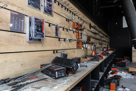 Hostomel, Kiev region Ukraine - 04/09/2022: Inside the store, which was bombed, was looted by...