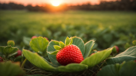 The photograph depicts a close-up of a succulent strawberry nestled within the lush grass, set against the backdrop of a picturesque sunset.の素材