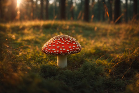 Beautiful fly agaric mushroom in the forest, in the grass at sunset.の素材