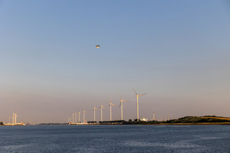 Beautiful windmills in the port of Rotterdam. Beautiful sunset on the sea coast. The Blue North Sea...