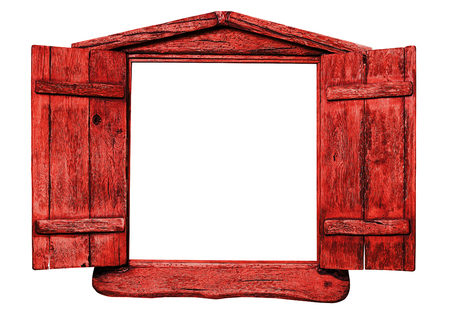 red wooden window isolated on whiteの写真素材