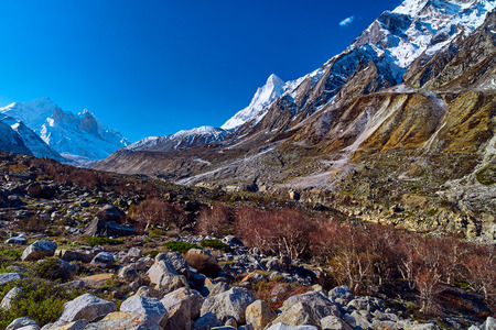 Valley and Mountains View in Himalaya. Gangotri glacier, Gaumukh, India.の写真素材
